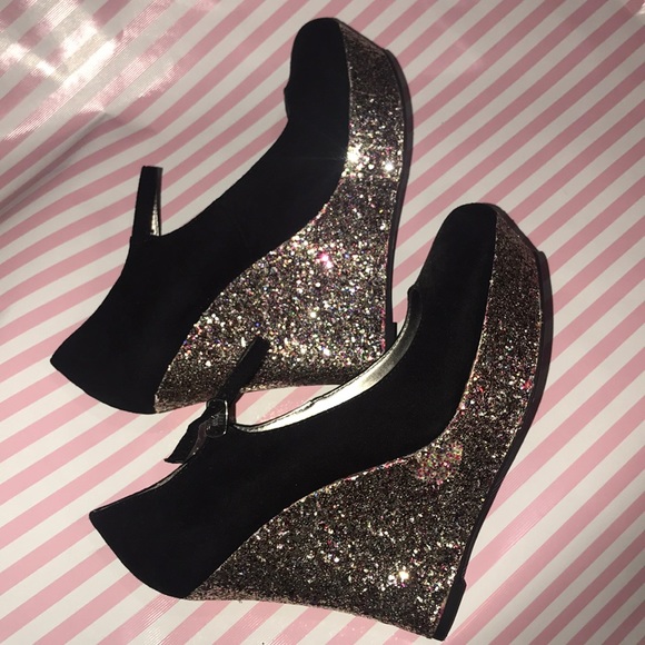 glitter wedge heels